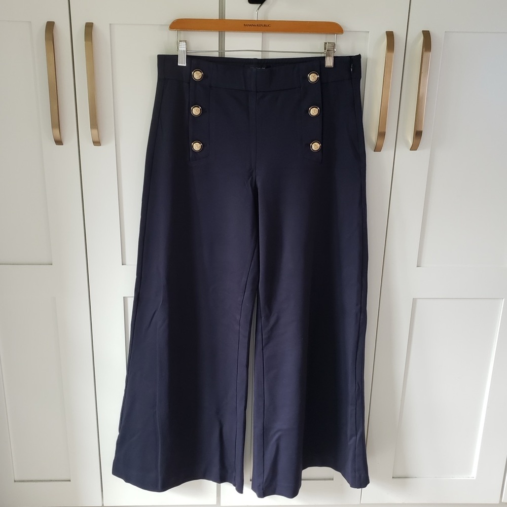Ann Taylor Trousers Womens 12 Dark Blue Wide-Leg Pants with Gold Buttons